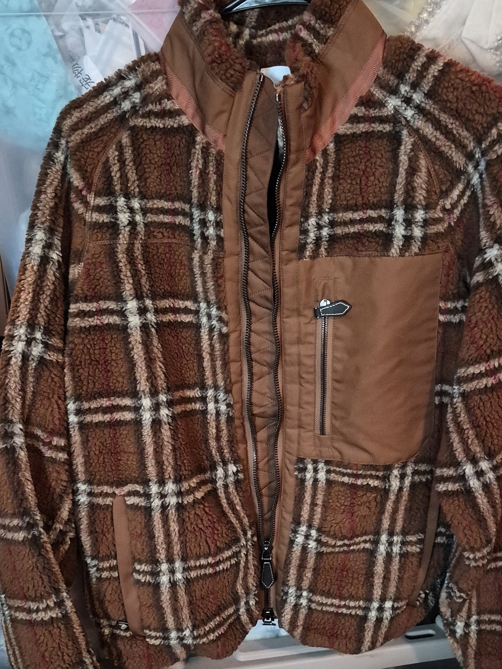 Burberry Brown Plaid Sherpa Puffer Jacket